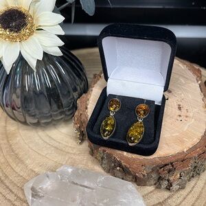 925 ATI Poland Cabochon Amber and Silver Drop Earrings
